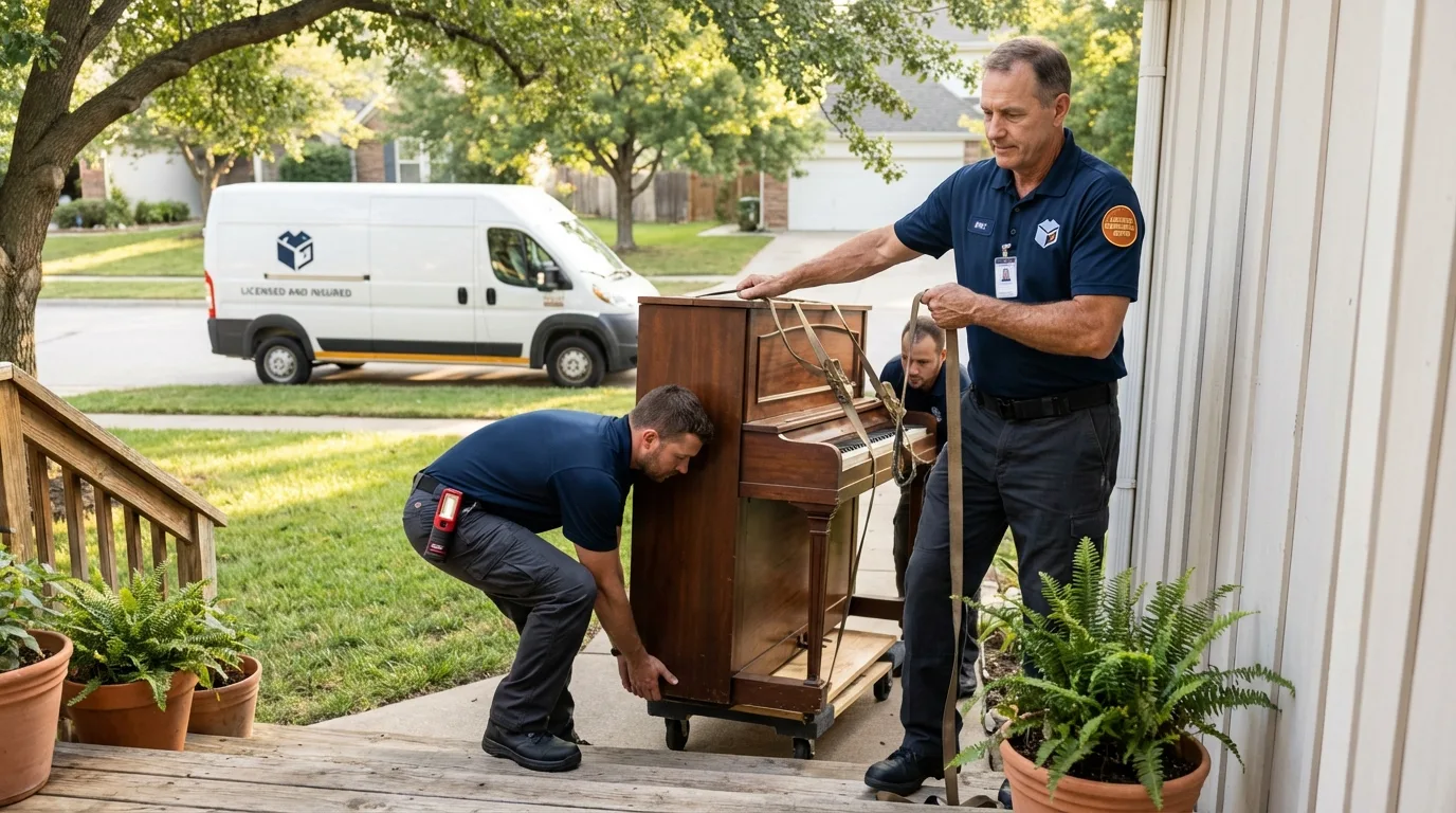 Licensed piano movers securing grand piano in Oregon, MO